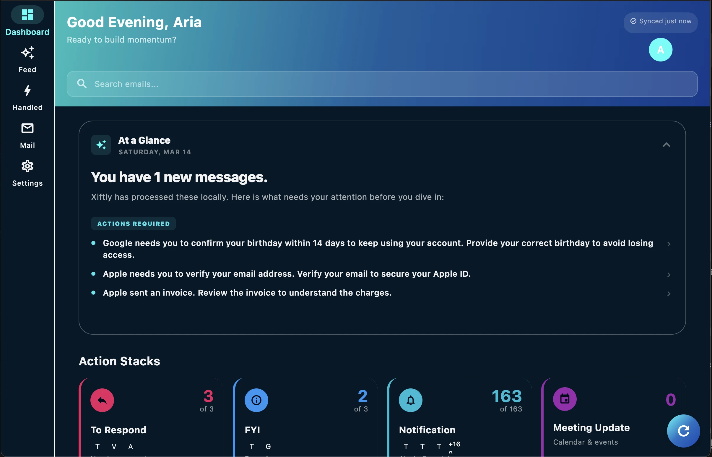 Maexry dashboard showing At a Glance briefing with action items and Action Stacks email categories